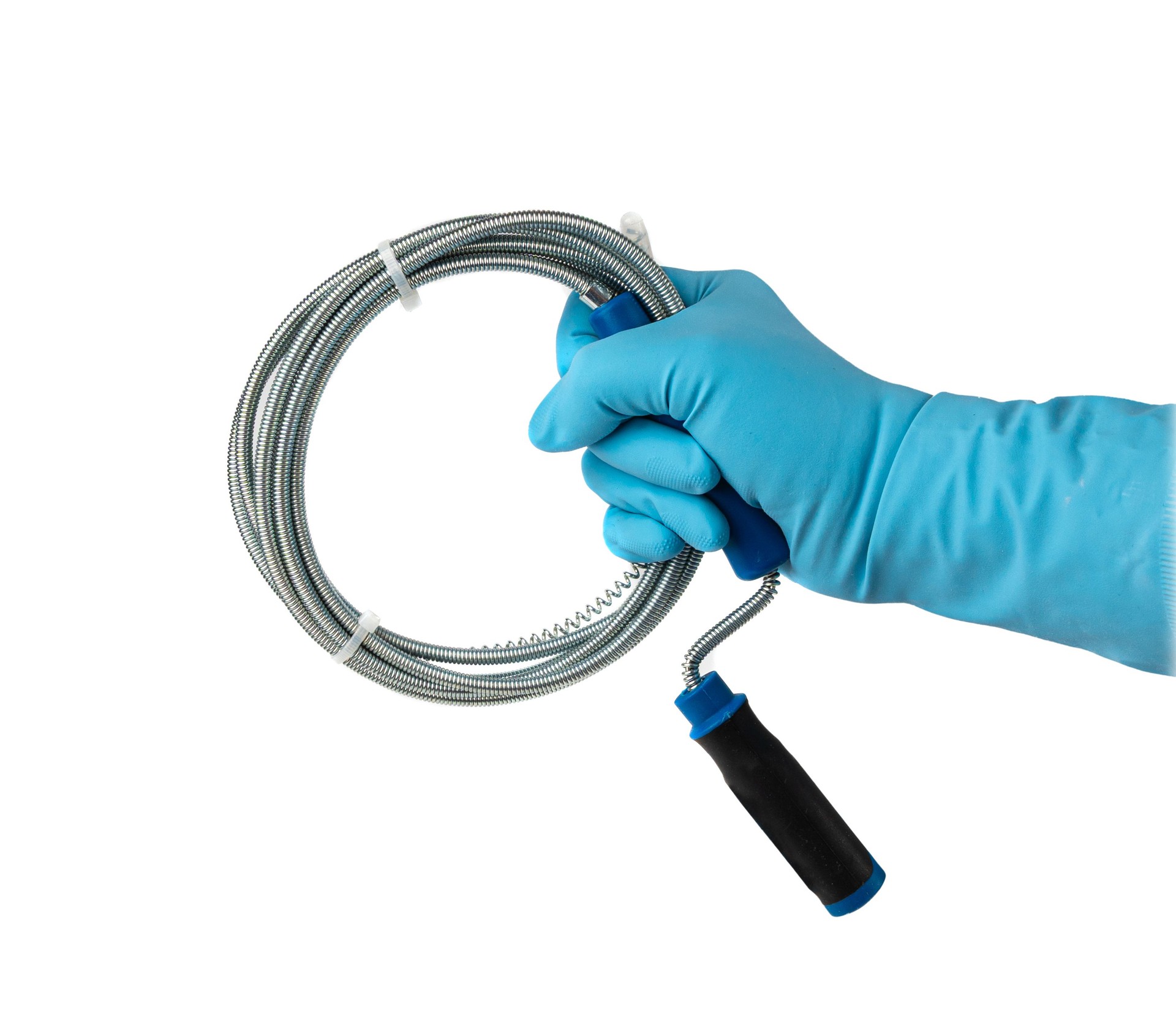 Metal drain auger tool isolated, plumbing snake or cable in hands in blue glove on white background